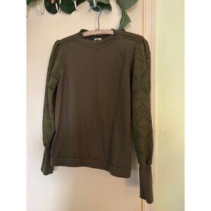 Tiny Anthropologie Olive Green Eyelet Lace Puff Sleeve Sweatshirt Top Women’s M